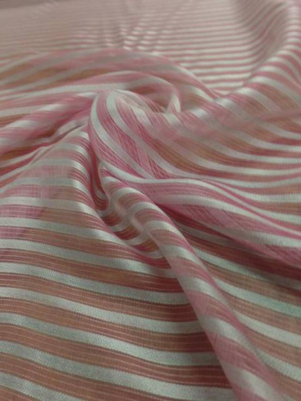 Mousseline de soie rose faconne rayures blanche