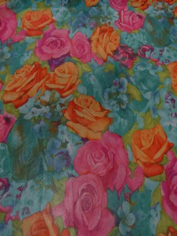 Mousseline font vert imprime rose orange et rose