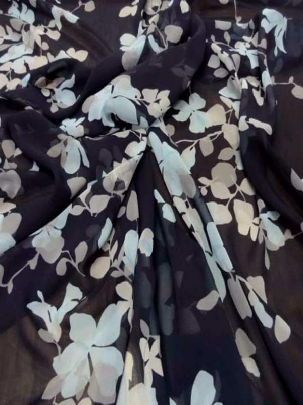 Mousseline imprime fleurs ton bleu tres fonce