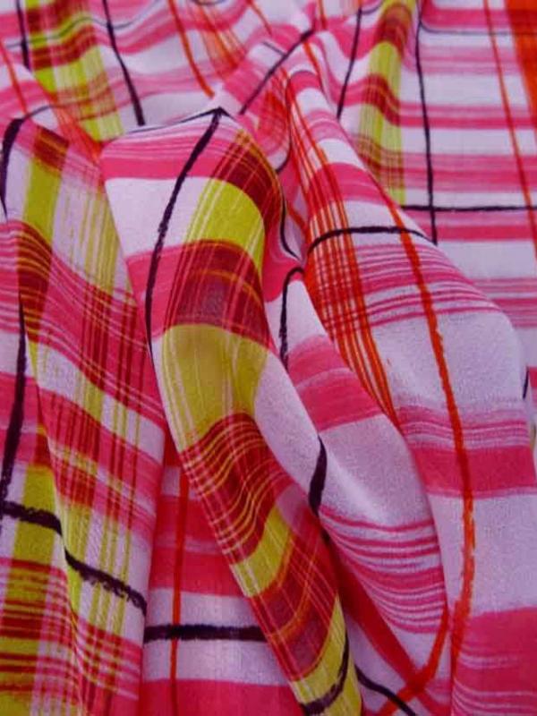 Mousseline imprime ton rose fuchsia blanc et anis
