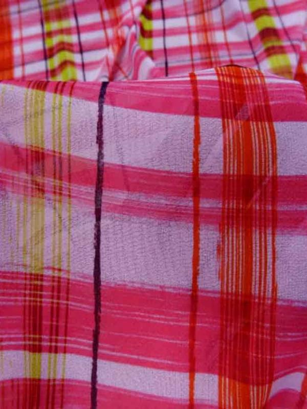 Mousseline imprime ton rose fuchsia blanc et anis