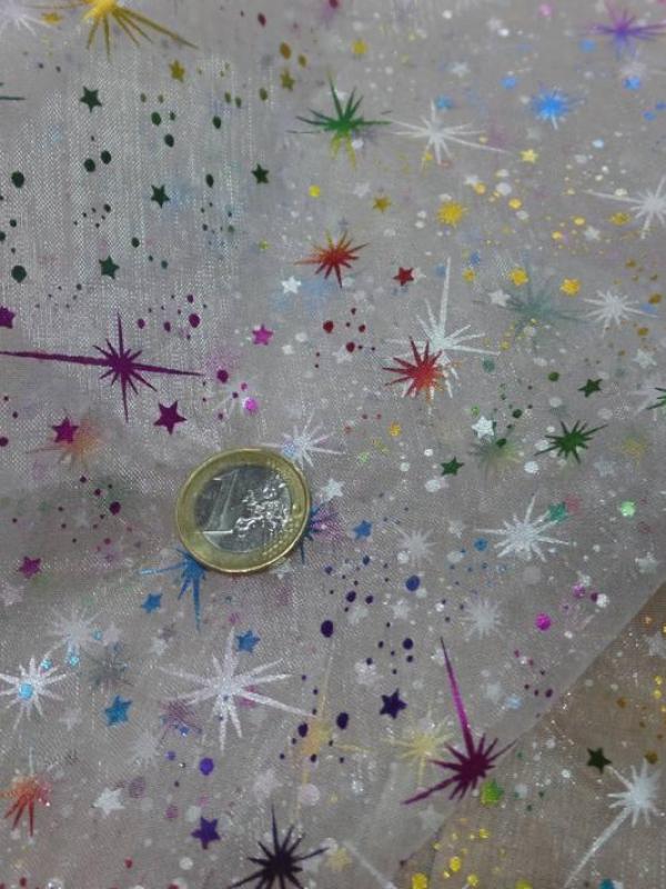 Organza blanc double face etoile du berger multicolore et metal