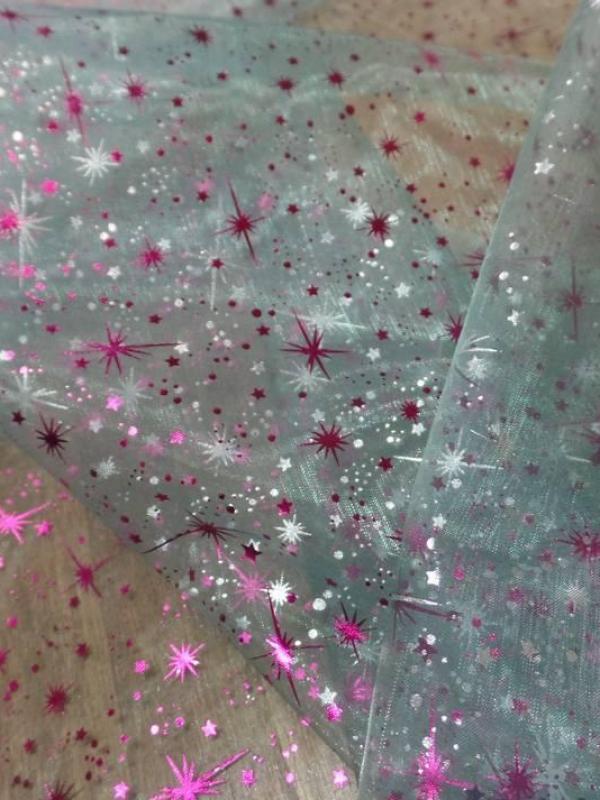 Organza bleu double face etoile du berger rose et metal
