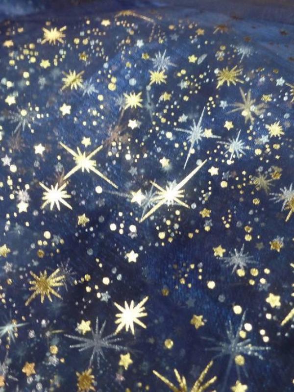 Organza bleu foncé a étoiles couleur métal et doré