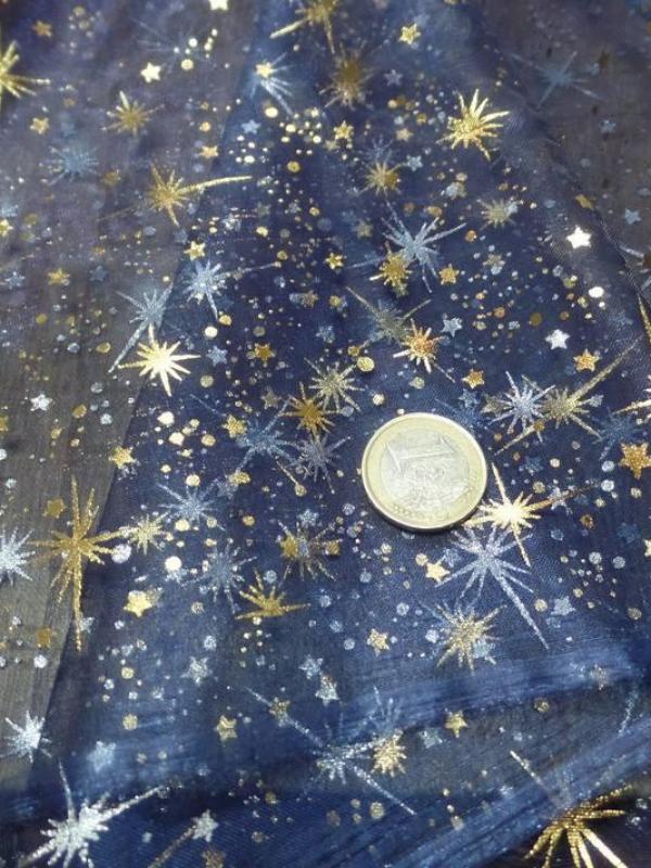 Organza bleu foncé a étoiles couleur métal et doré