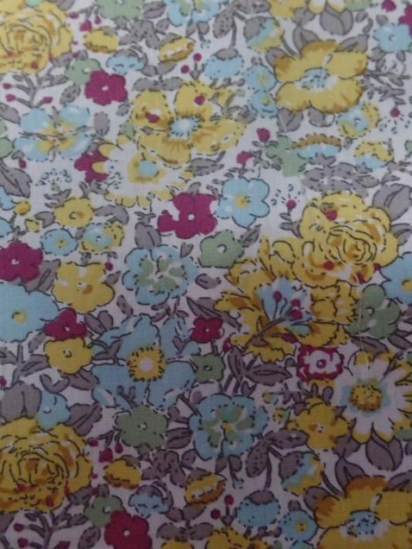 tissu Popeline blanche style liberty petite fleurs gris bleu bordeaux et jaune pas cher