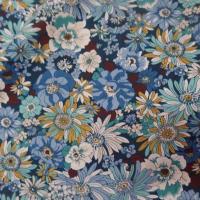 Popeline coton 100 imprime fleurs ton bleu blanc vert