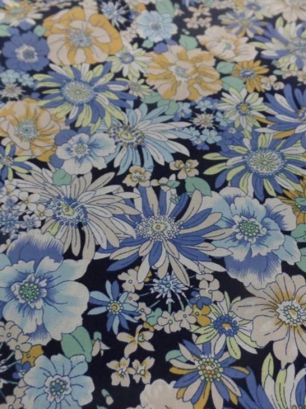 Popeline coton 100 imprime fleurs ton bleu et jaune