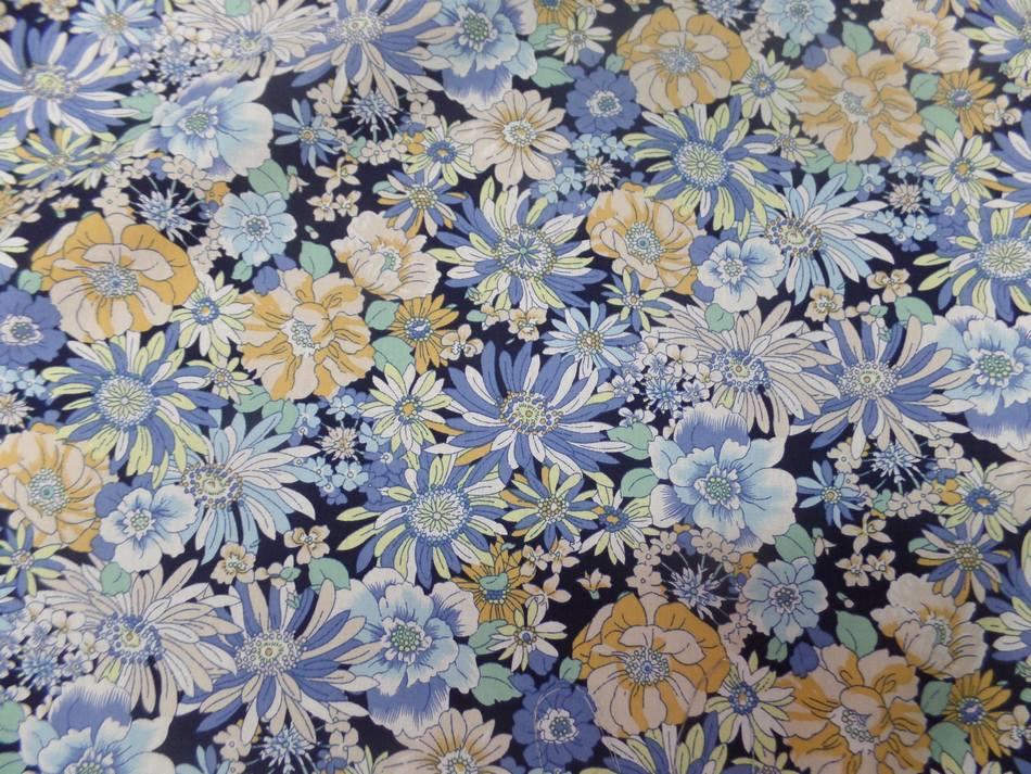 Popeline coton 100 imprime fleurs ton bleu et jaune3