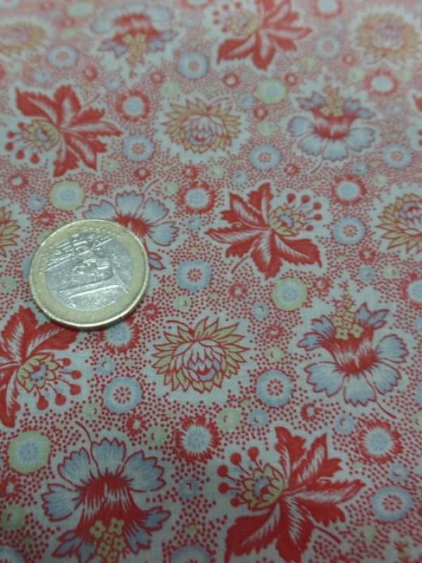 Popeline coton blanc casse imprime petite fleurs ton rouge2
