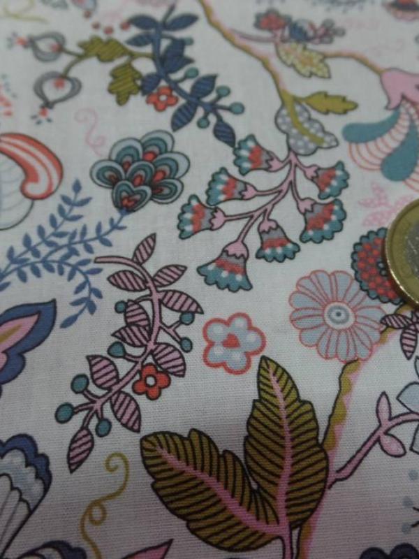 Popeline coton blanche imprimé motifs fleurs multicolore