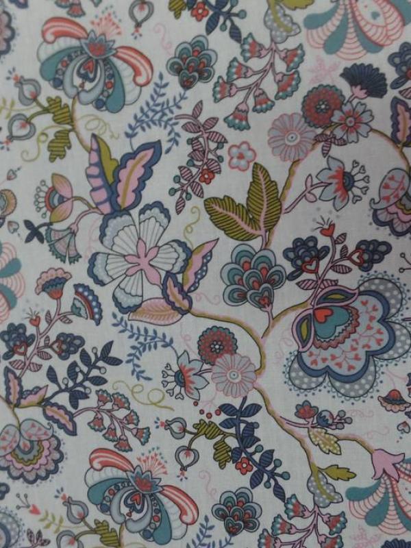 Popeline coton blanche imprimé motifs fleurs multicolore