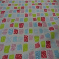 Popeline coton blanche imprime rose bleu anis