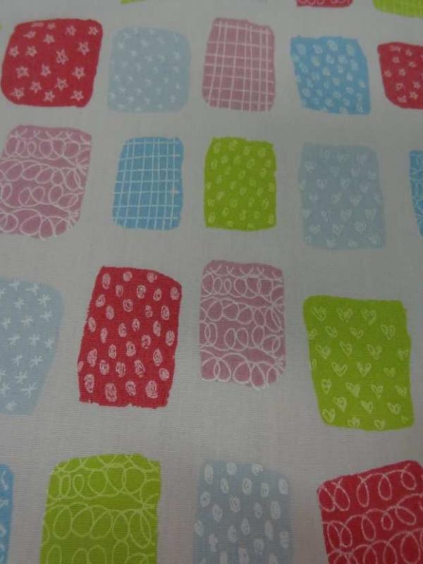 Popeline coton blanche imprime rose bleu anis