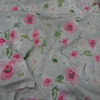 Popeline coton lycra blanche imprime fleurs rose
