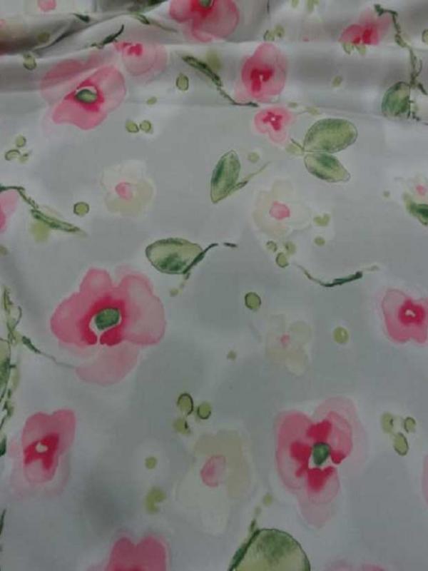 Popeline coton lycra blanche imprime fleurs rose