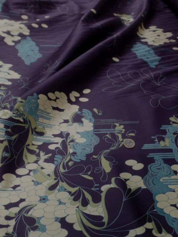 Satin coton lycra aubergine imprime