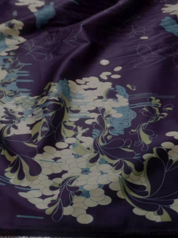 Satin coton lycra aubergine imprime