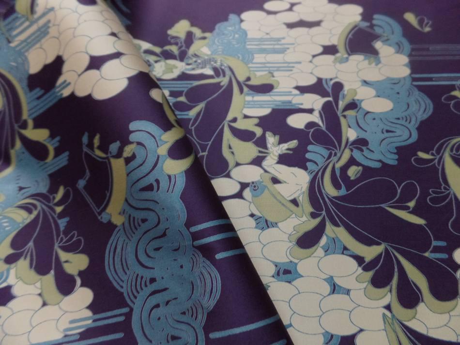 vente de tissu Satin coton lycra aubergine imprimé