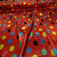 Satin rouge a pois vert bleu jaune noir
