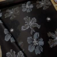 Taffetas d ameublement changeant marron noir imprime grosses fleurs taupe gris