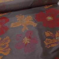 Taffetas d ameublement marron imprime grosses fleurs rouge et jaune safran0