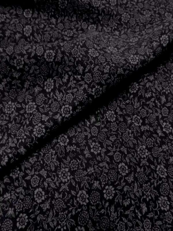 Tissu a fine cotes noir imprime petite fleurs