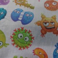 Tissu coton bio blanc imprime enfant motifs virus