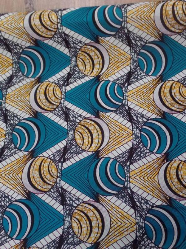 Tissu coton wax motifs africain ton blanc bleu jaune