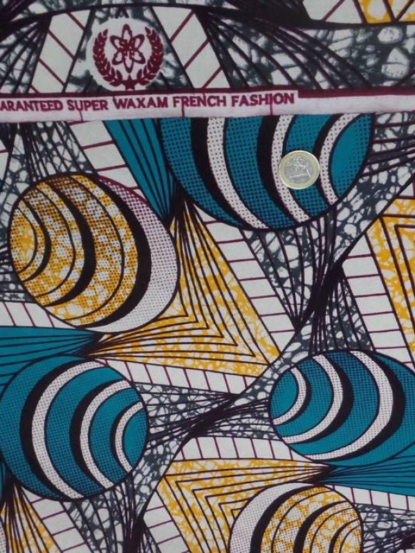 Tissu coton wax motifs africain ton blanc bleu jaune