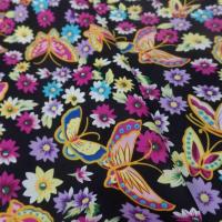 tissu popeline coton 100% noire imprimé papillon ton jaune ,rose ,bleu