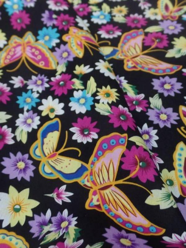 tissu popeline coton 100% noire imprimé papillon ton jaune ,rose ,bleu