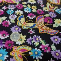 tissu popeline coton 100% noire imprimé papillon ton jaune ,rose ,bleu en ligne