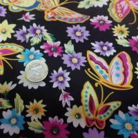 achat tissu popeline coton 100% noire imprimé papillon ton jaune ,rose ,bleu