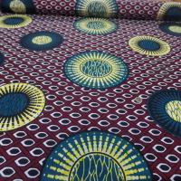 vente de tissu wax bordeaux imprimé  ton bleu ,noir ,jaune a la caverne aux mille tissus