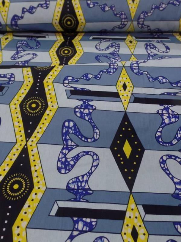Tissu wax imprime bleu jaune noir