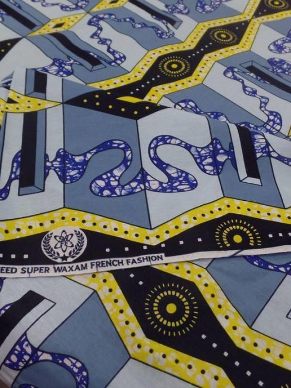 Tissu wax imprime bleu jaune noir