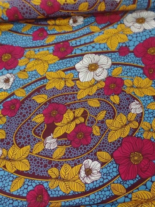 Tissu wax imprime fleurs ton bordeaux bleu safran blanc