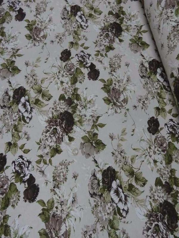Toile coton blanc casse imprime fleurs ton marron vert