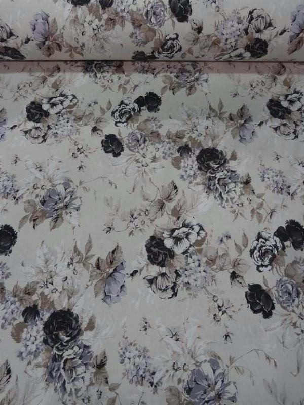 Toile coton blanc casse imprime fleurs ton taupe noir gris en 2 80m de large