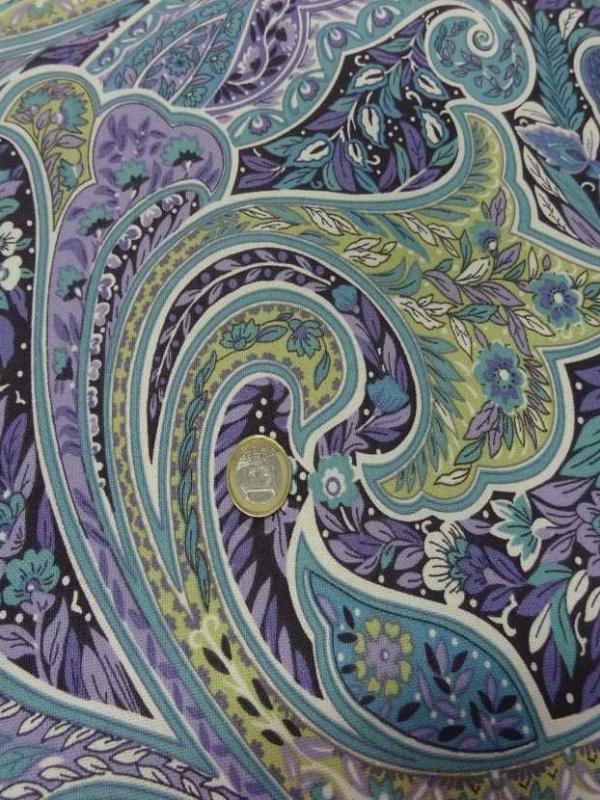 Toile coton imprime motifs cash mir ton mauve bleu anis
