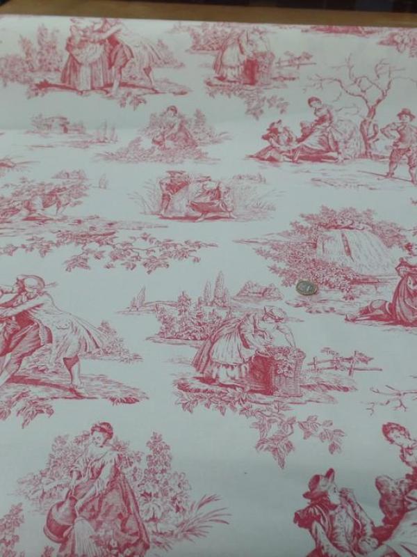 vente de tissu Toile de jouy satin coton blanc cassé rouge bordeaux motifs bagatelle en ligne