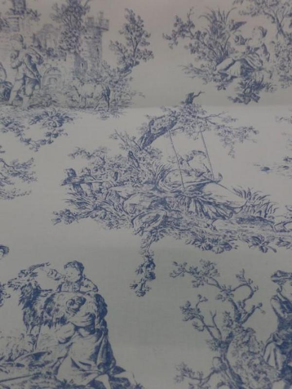 Toile de Jouy satin coton blanc et bleu en 1 40m de large
