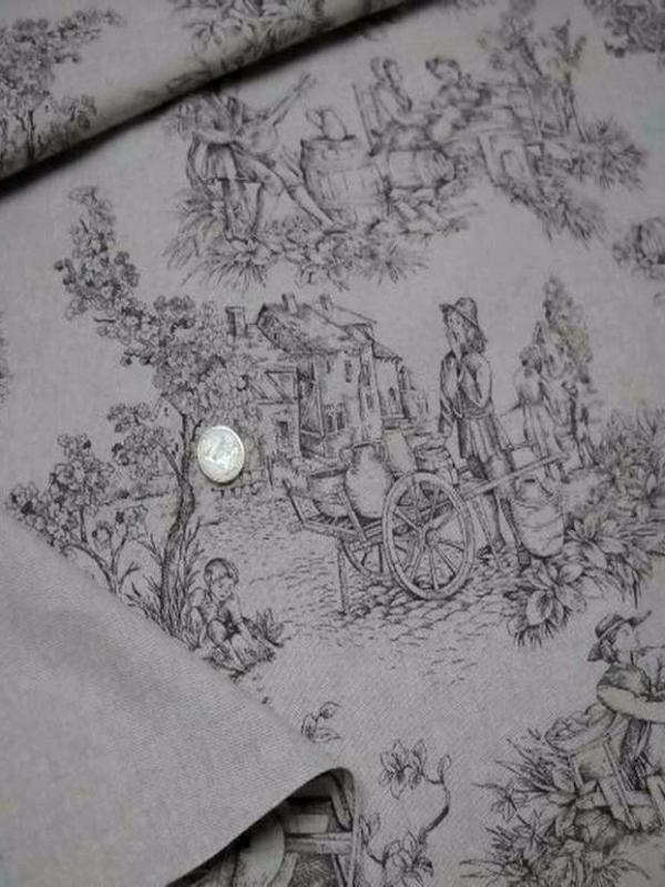 Toile lin ton naturel imprime toile de jouy marron