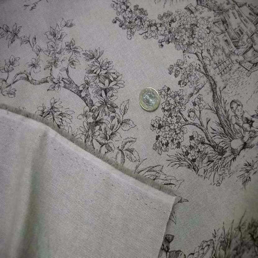 Toile lin ton naturel imprime toile de jouy marron1