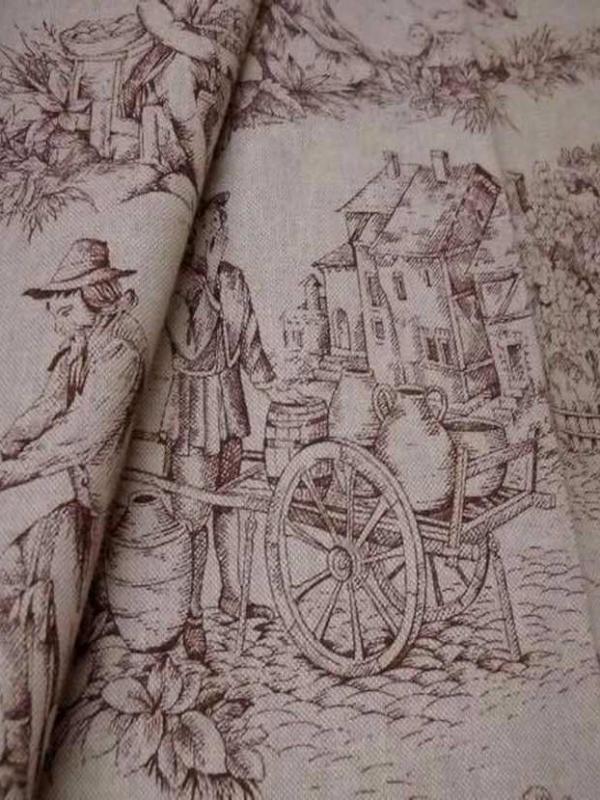 Toile lin ton naturel imprime toile de jouy rouge