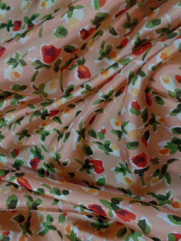 Twill se soie saumon imprime fleurs en 1 20m de large