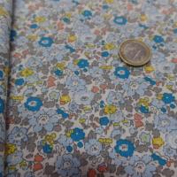 Vente de coton popeline blanche imprime style liberty fleurs bleu jaune taupe
