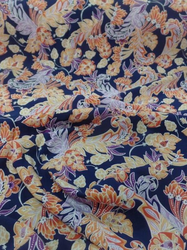 tissu Viscose bleu nuit imprimé fleurs ton jaune, orange, prune en ligne