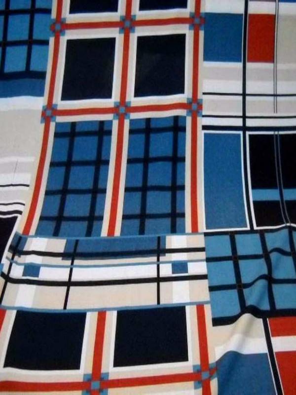 Tissu Viscose imprimé carreaux  ton bleu ,beige